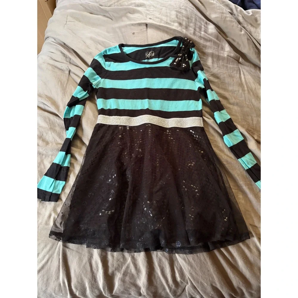 Justice Girls Turquoise Black Striped Tulle Sequin Bow Dress Size 12 Long Sleeve